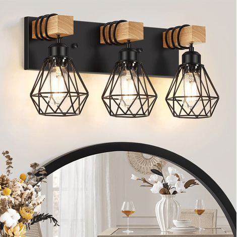 Applique Murale Industrielle 3 Lumières - Luminaire Salle de Bain & Chevet avec Miroir - Éclairage Doux pour Nuit - Sans Ampoule - Style Intérieur (1/5)