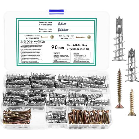 90 Pièces M4 Chevilles pour Plaques de Plâtre avec Vis Autoforeuse, Autoperceuses en Métal, Fixations Métalliques pour Cavités Béton Briques (1/5)
