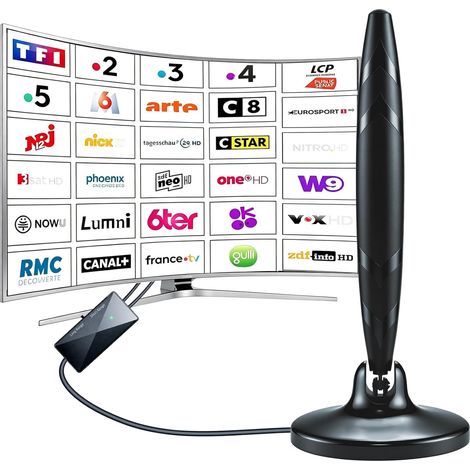Antenne Interieur TNT avec Base MagnéTique, Antennes TNT  Amplificateur, Compatible 4K 1080P, Toutes Chaînes TNT, Câble Coaxial 5m (1/5)
