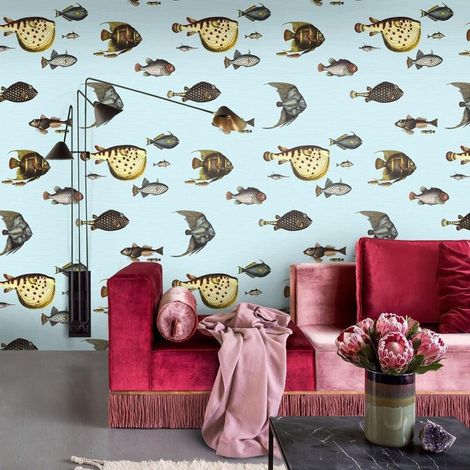 Blaue Meeres-Tapete für Wohnzimmer und Flur mit Tropischen Fischen