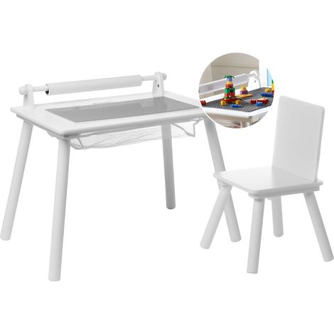 Set of Kids Table and Chair White MDF Pine Wood Legs Additional Roll of Paper Cover Scandinavian Style MOONTA