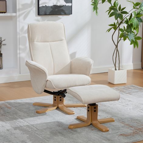 Schwenkbarer skandinavischer Relaxsessel mit Ottomane, bezogen mit beigeem Chenille-Stoff, Massivholzgestell und metallischen Füßen für Stabilität und Eleganz