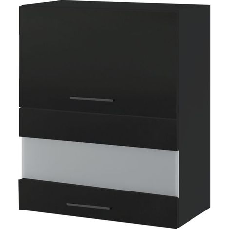 Meuble haut de cuisine Lovia Noir Mat 2 portes relevables avec vitre opaque L 60 cm - Porte avec poignée apparente   Black