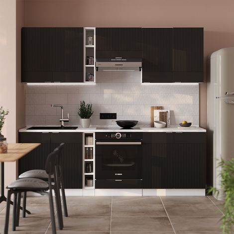 Mueble de cocina Fame-Line, Negro a rayas/blanco, 235 cm sin encimera, Vicco