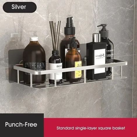 Étagère de salle de bain (carrée argentée) - Rangement maquillage - Support à shampoing en alliage d'aluminium - Accessoires de salle de bain - Étagère murale sans perçage (1/5)