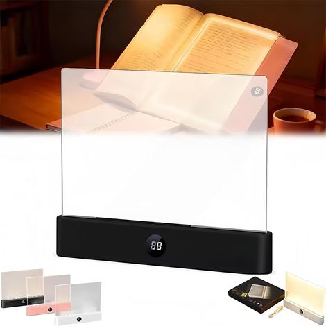 Reading Lamp, Portable Flat Book Light, Flat Book Light, Rechargeable LED Transparent Full Side Reading Light with 3 Colours and Timer, Eye Protection Reading Light for Reading in Bed at Night (Black) (1/5)