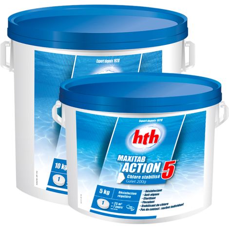 HTH – Désinfectant chloré de piscine galets 200g – Traitement complet anti-algues et clarifiant – Pour piscines >20m3 – Dissolution lente sans résidus (1/5)