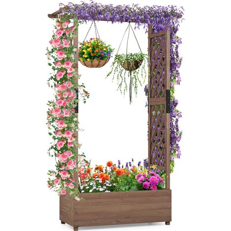 Fioriera con 2 tralicci laterali, tetto sospeso in legno di abete con drenaggio Hole, Aiuola rialzata, 110 x 44 x 182 cm, Marrone (1/5)