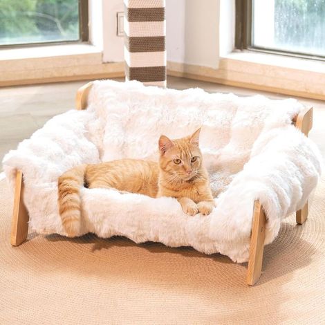 Lit pour Chat, Panier Chat en Bois de Hêtre Robuste (2,8 KG), Intérieur avec Toile Épaisse sans Affaissement pour Fenêtre et Salon, 70x47x30cm (1/5)