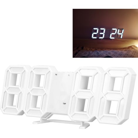 Despertador digital LED 3D fabricado en ABS con luz nocturna, indicador de temperatura, para mesa o pared, ideal para la decoración del dormitorio, en color blanco. (1/5)