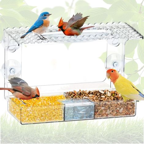 Mangeoire à Oiseaux Transparente pour Fenêtre avec Ventouses Fortes et Toit - Distributeur de Nourriture et d'Eau Suspendu pour Extérieur - Idéal pour Observation des Oiseaux