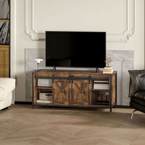 Meuble TV - SOGEU - 120x40x54 cm - 2 portes - 2 étagères - Cadre acier style industriel (1/5)