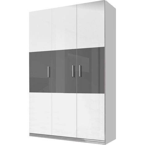 Armario Campus I, Blanco + Blanco brillante + Gris brillante, 198x120x55cm, Puertas de armario: Con bisagras, Número de estantes: 6