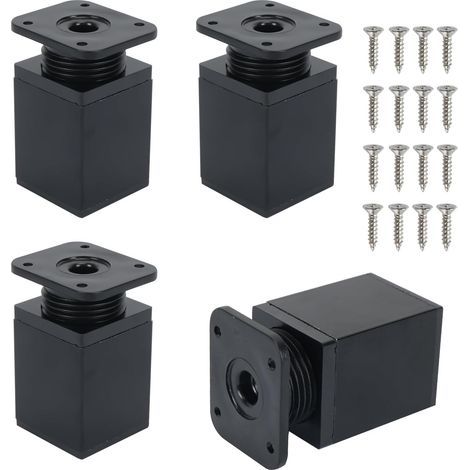4 PCS Pieds de Meubles réglables Pieds de Meubles carrés de 60 mm Pieds de Meubles en métal avec vis Cadre d'armoire Pieds réglables de lit (Noir) (1/5)