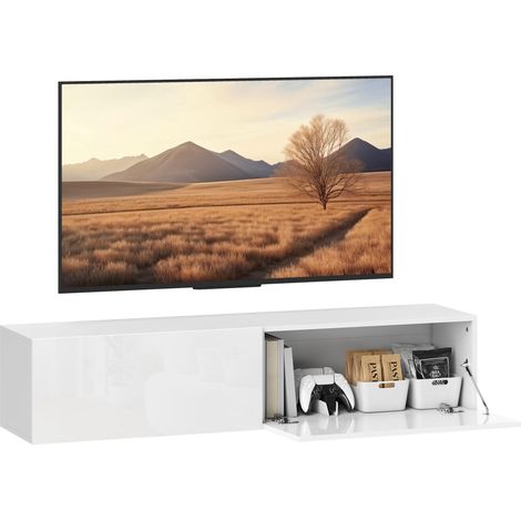 Meuble TV suspendu pour téléviseur jusqu'à 45 55 65 pouces avec 2 placards à portes, 140 x 33 x 29,8 cm, blanc (1/5)