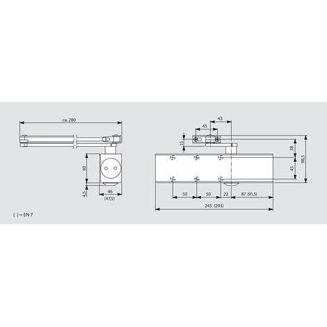 Türschließer TS 83 mit Flachgestänge  Größe EN 3-6 , Flügelbreite bis 1400mm  ohne Feststellung, silber