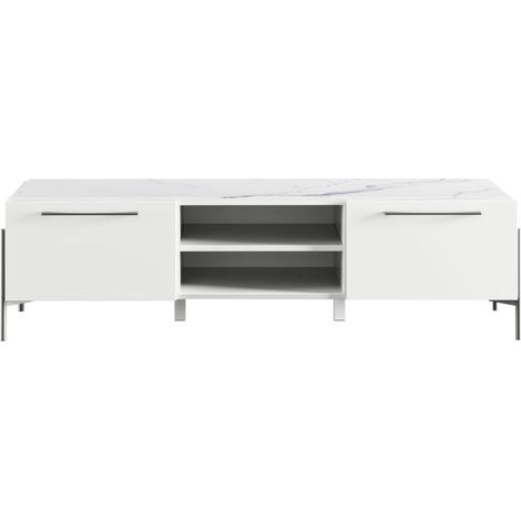 Meuble TV 2 portes laqué blanc plateau marbré pieds et poignées métal anthracite - CARAT