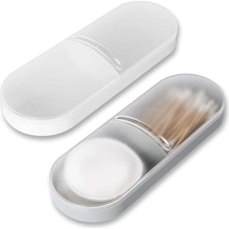 Boîte légère en plastique pour cotons-tiges (lot de 2), boîte de rangement portable à double compartiment, design transparent, convient à la maison et aux voyages, blanc et gris. (1/4)