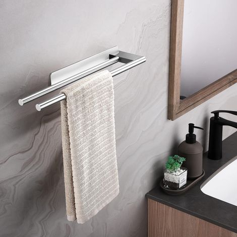 Porte-serviettes mural autocollant, porte-serviettes double en acier inoxydable 304, porte-serviettes à deux bras,pour salle de bain et cuisine (1/5)