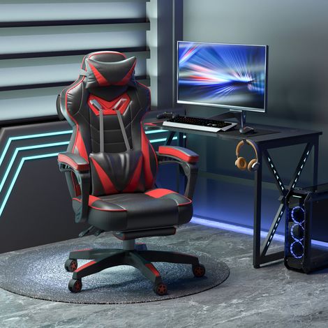 Silla ergonómica para juegos Vinsetto, silla de oficina cómoda con reposapiés, reposacabezas y cojín lumbar, altura ajustable, color negro y rojo. (1/5)
