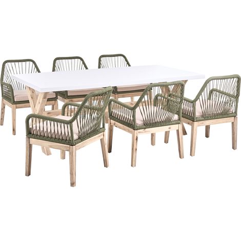 Conjunto de comedor exterior con sillas mesa tablero de hormigón patas de madera 6 sillas de polipropileno cojines blanco verde oliva Olbia