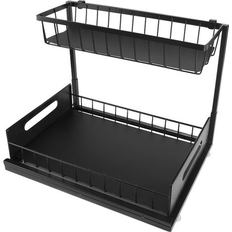 Organizer under sink in shape of L, shelf sliding to 2 levels for kitchen, room of bath, organisators and storage black (1/5)