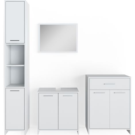 Conjunto de muebles de baño Kiko, Blanco, 4 piezas, con armario alto y cajonera, Vicco