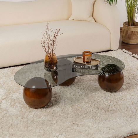 Table basse design 120x70x30cm verre fumé gris et pieds marron - ZAO