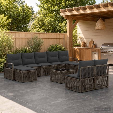 Salon de jardin modulable 10 pièces en polyrotin gris, 9 places avec coussins, 75.95kg - PANGIVO (1/5)
