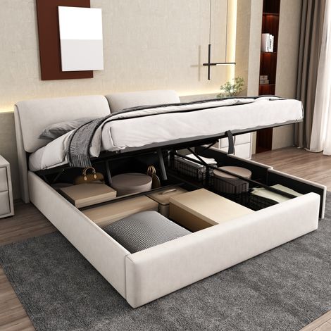 Cama con almacenamiento 180x200 cm con 3 cajones y cabecero regulable, en terciopelo beige, sin colchón (1/5)