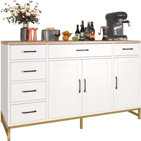 Buffet de Rangement Industriel Blanc – Meuble 140x40x80 cm avec 3 Portes, 6 Tiroirs et Étagères Réglables – Rangement Polyvalent pour Salon, Salle à Manger ou Bureau (1/5)