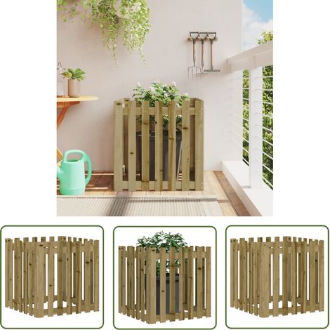 The Living Store Jardinière avec design de clôture 70x70x70 cm pin imprégné - Jardinierre En Bois - Jardinière Extérieure - Pot De Fleurs Extérieur - Décoration Jardin - Planter (1/5)