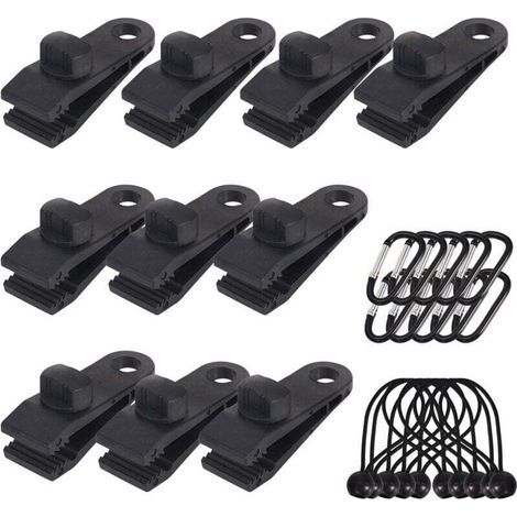Lot de 10 Clips de bâche support de bâche pour extérieur avec Attache en Toile et Cordon élastique + Mousqueton en Forme de D pour bâches, auvents, Camping, Caravane, couvertures de Voiture (1/4)