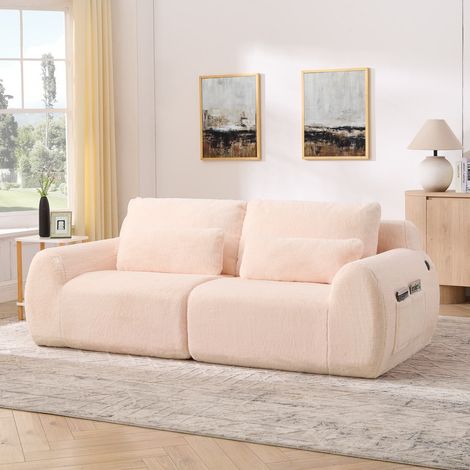 Canapé 2 places fausse fourrure rose avec ports usb et poche latérale, style cosy compact salon (1/5)