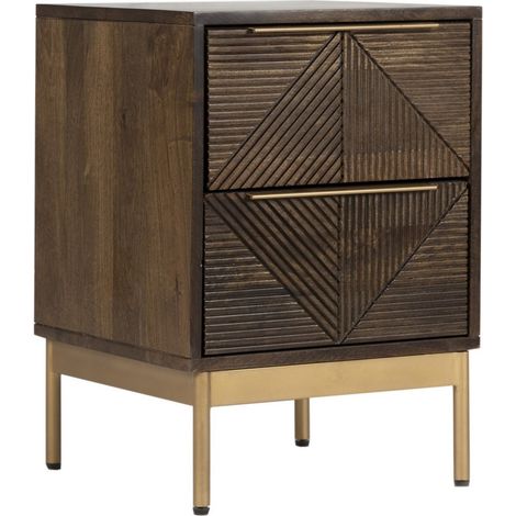 Zaine Carving 2 Drawer Bedside Table - Mango Wood - L38 x W38 x H54 cm - Dark Finish