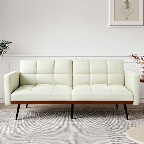 Canapé Futon Moderne Style Milieu du Siècle en Tissu Mélange Lin, Largeur 146 cm avec Dossier Réglable 5 Positions et Accoudoirs Fixes, Structure avec Pieds en Métal, Beige (1/4)