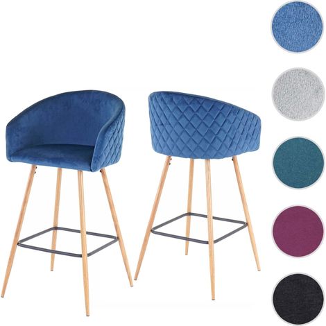 2x tabouret de bar HWC-D72, chaise bar/comptoir, avec dossier, tissu - turquoise (1/5)
