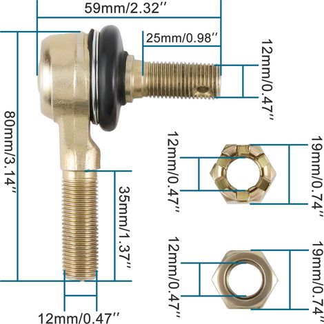 12mm reverse thread left and right hand lever ball joint compatible with ATV accessories, mopeds, and go-karts. (1/4)