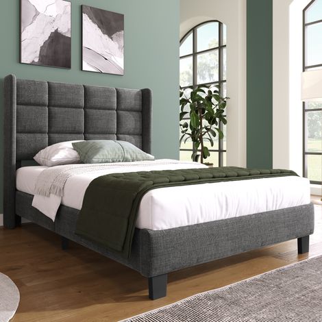 Letto imbottito in lino grigio 90x200 cm con testiera alta e rete a doghe inclusa (1/5)