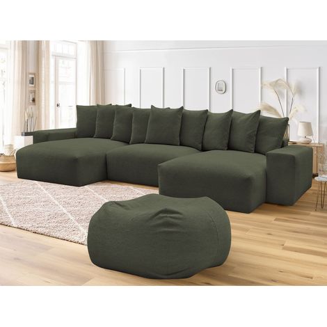 BOBOCHIC - Canapé panoramique fixe VOLTAIRE tissu chiné avec pouf   Vert (1/5)