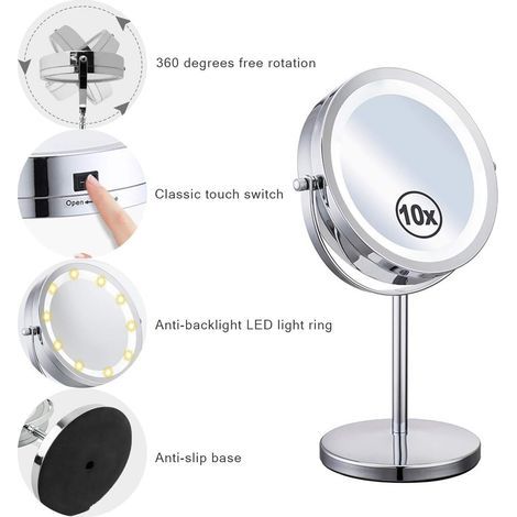 Specchio ingranditore illuminato a doppia faccia 10x – Rotazione a 360° – Vetro ottico di alta qualità – Per trucco e cura del viso (1/5)