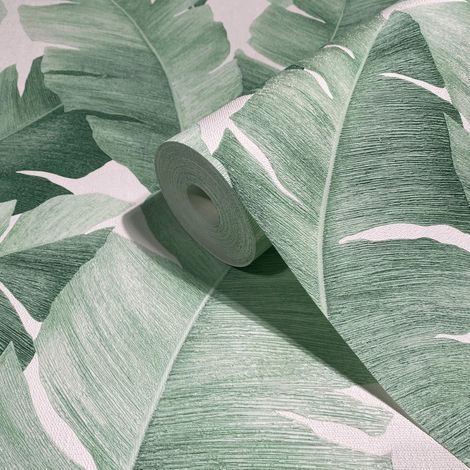 Papier peint Motif feuilles de plantes Blanc/vert Pour chambre à coucher, salon ou cuisine Fabriqué en Allemagne 10,05 x 0,53 m (1/3)