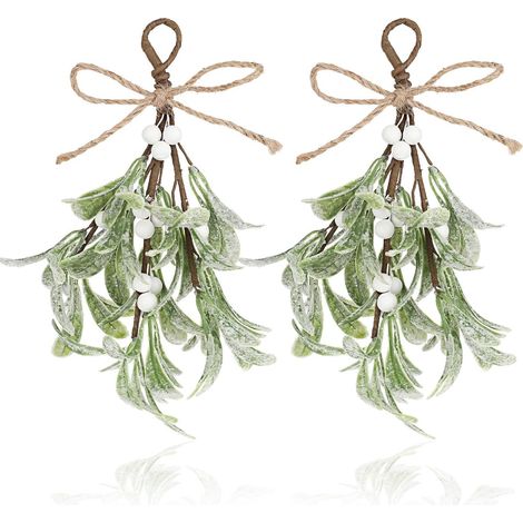 ABYSSE-2 pièces - Décoration de gui de Noël - Gui artificiel - Branches de gui - avec baies blanches et nœud - Décoration murale - Décoration de porte - Décoration de sapin de Noël - Décoration de por (1/5)