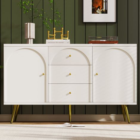 Buffet 140x40x84 cm crème blanc en bois et métal avec 2 portes, 3 tiroirs et étagère réglable (1/5)
