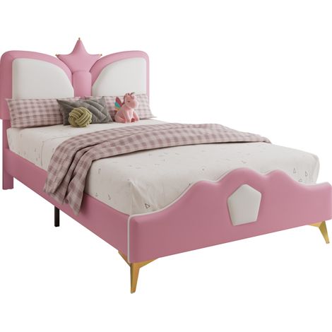 Lit enfant capitonné PU rose/blanc 90x200 cm avec tête de lit couronne, bords antichoc, pieds dorés (1/5)