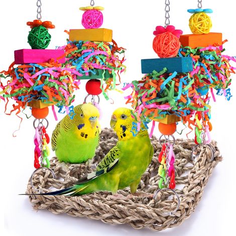 Jouets pour oiseaux, perruches, jouets muraux en jonc de mer tissé pour escalade, perchoir, avec jouets à mâcher en bois pour inséparables, perruches, conures, calopsittes (milieu) (1/4)