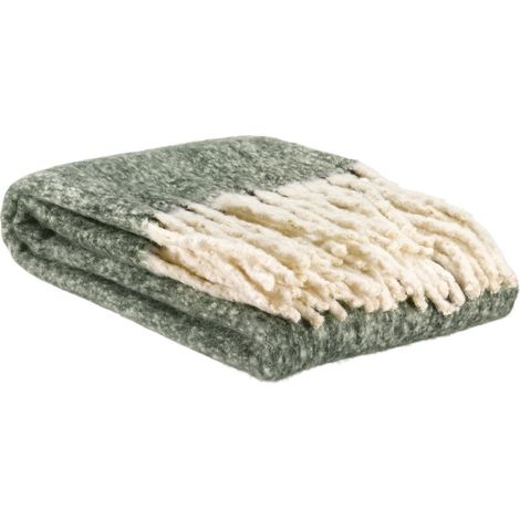Plaid en Polyester Recyclé Aspect Mohair avec Franges XL Torsadées, Olive, 130 x 160 cm - PANGIVO (1/2)