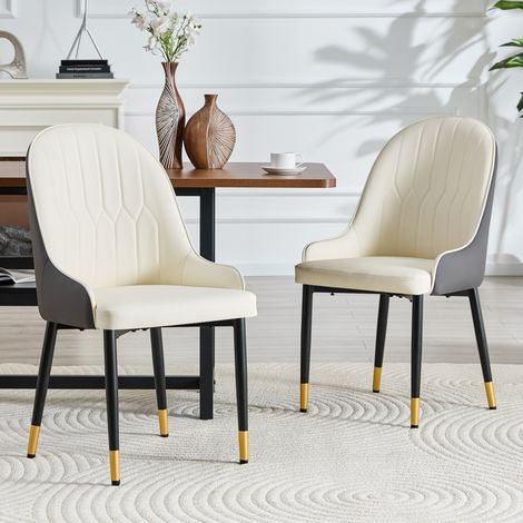 Set di 2 sedie da pranzo 91 cm in ecopelle PU bianco/grigio scuro con schienale a fulmine e piedini dorati (1/5)
