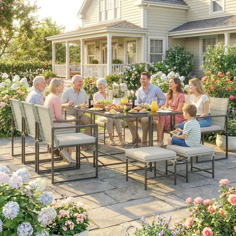 Juego de comedor para patio de 11 piezas, muebles de exterior con 6 sillones, 4 otomanas, gris. (1/5)