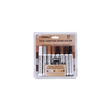 Kit de réparation de meubles Marqueurs Bois Lot de 13 marqueurs et bâtonnets de cire avec aiguiseur pour taches, rayures, sols, tables, bureau, menuisiers, retouches et réparations de moulage (1/4)
